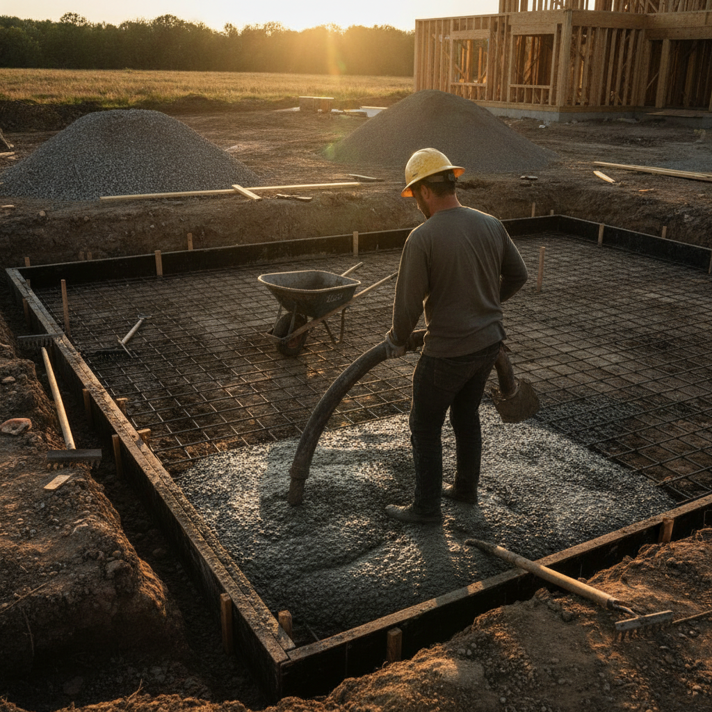 Create a realistic, professional service-business photograph showing Concrete Foundation Installation from behind, with the backs of their heads visible. Do not show any faces, facial features, front-facing views or side views, profiles, or
