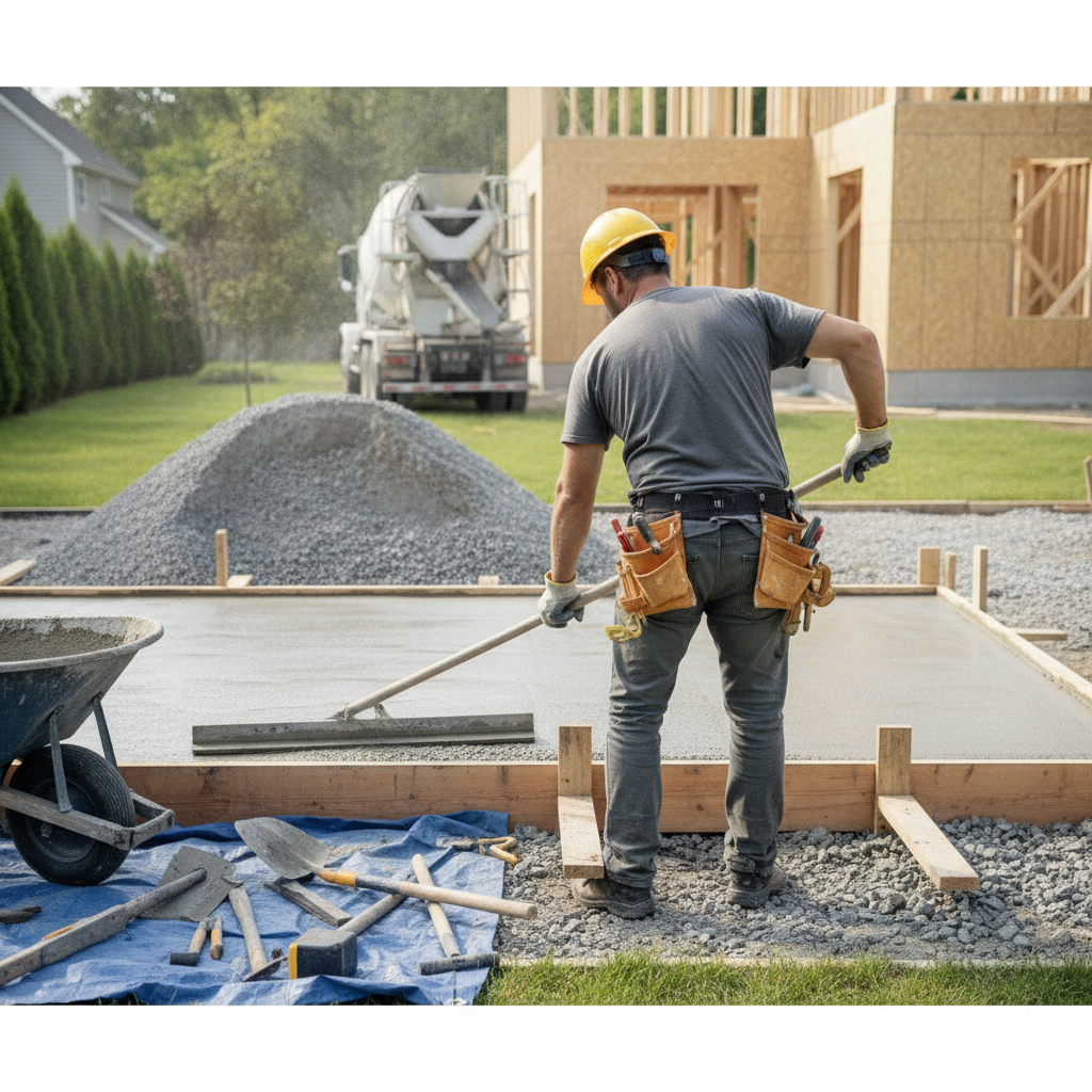 Create a realistic, professional service-business photograph showing Concrete Slab Installation from behind, with the backs of their heads visible. Do not show any faces, facial features, front-facing views or side views, profiles, or ident