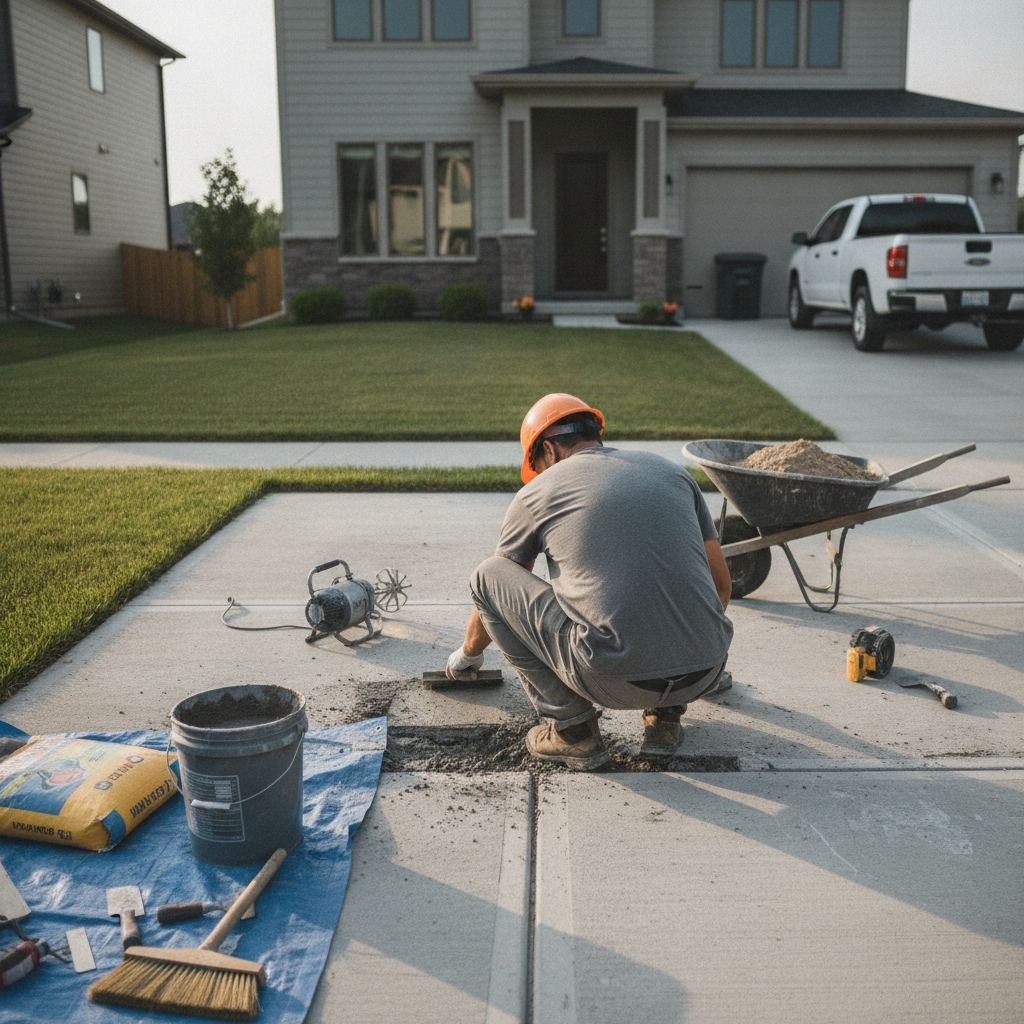 Create a realistic, professional service-business photograph showing Concrete Repair from behind, with the backs of their heads visible. Do not show any faces, facial features, front-facing views or side views, profiles, or identifiable peo